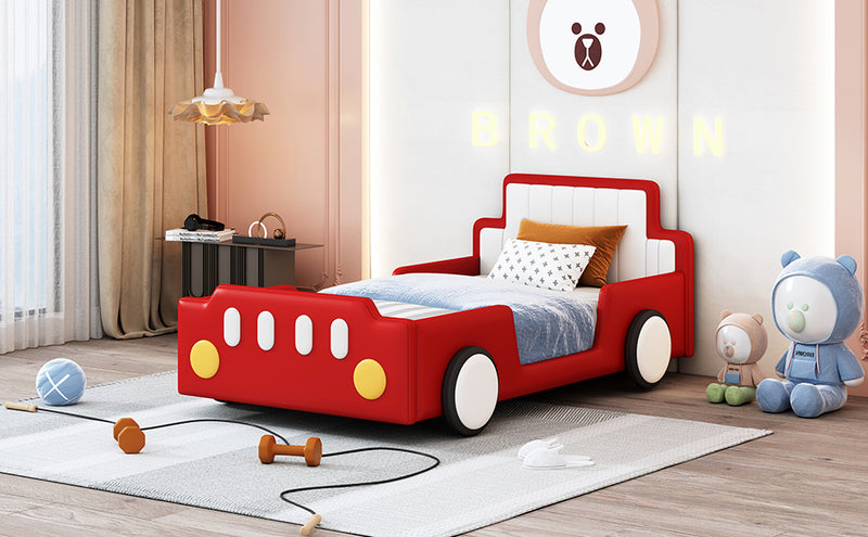 Twin Size Race Car-Shaped Platform Bed with Wheels,Red