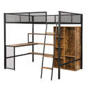Full Size Loft Bed With Built In Desk, Wardrobe, And Shelves - Black