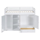 Twin size Loft Bed with Drawer, Two Wardrobes and Mirror, White