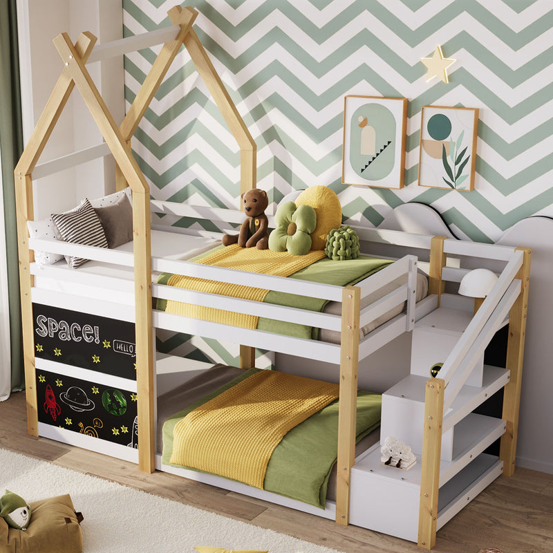Twin Over Twin House Bunk Bed With White Storage Staircase And 2 Blackboards - White / Natural