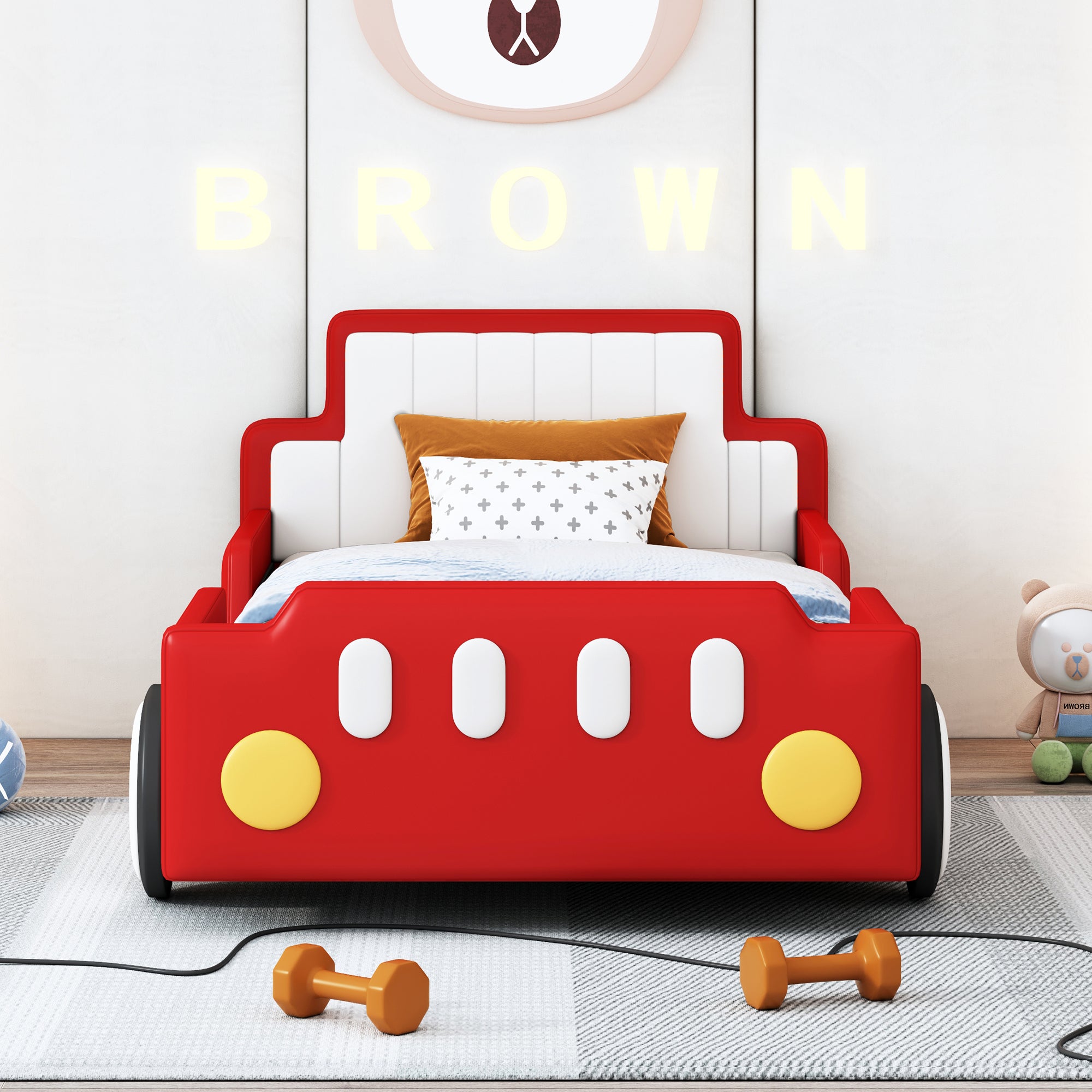 Twin Size Race Car-Shaped Platform Bed with Wheels,Red - Atlantic Fine Furniture Melbourne FL