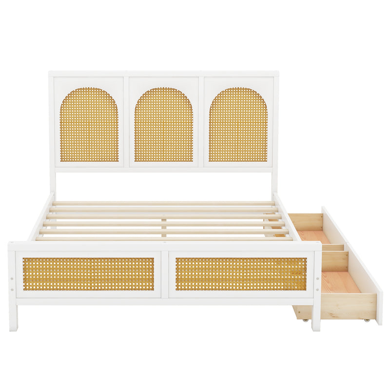Full Size Wood Storage Platform Bed with 2 Drawers, Rattan Headboard and Footboard, White