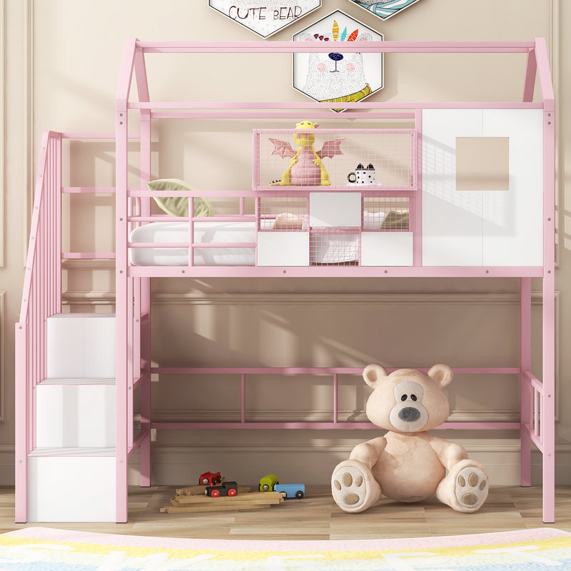 Metal Loft Bed with roof design and a storage box, Twin, Pink