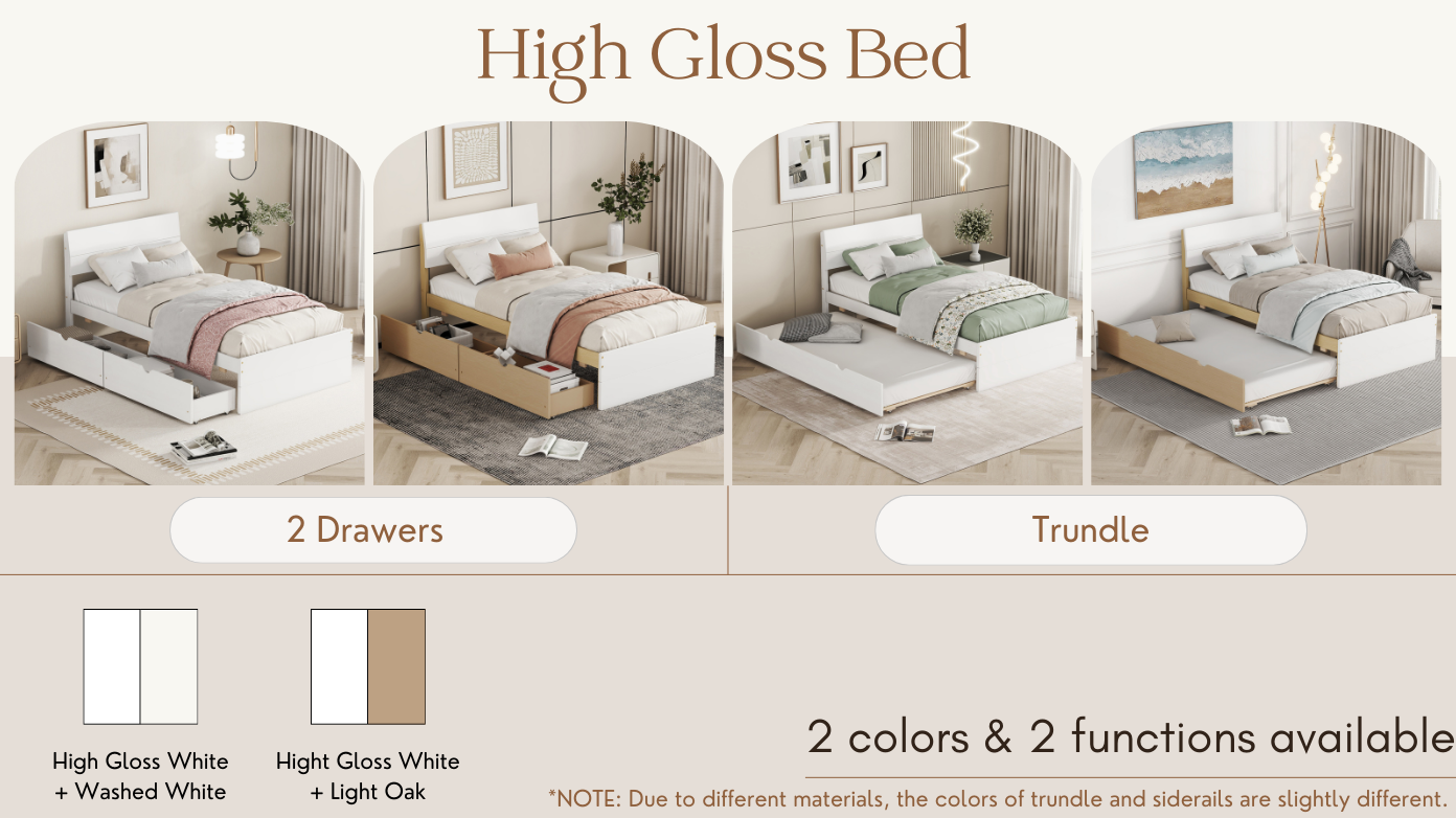 Modern Twin Bed Frame With Trundle For White High Gloss Headboard and Footboard With Light Oak Color - Atlantic Fine Furniture Melbourne FL