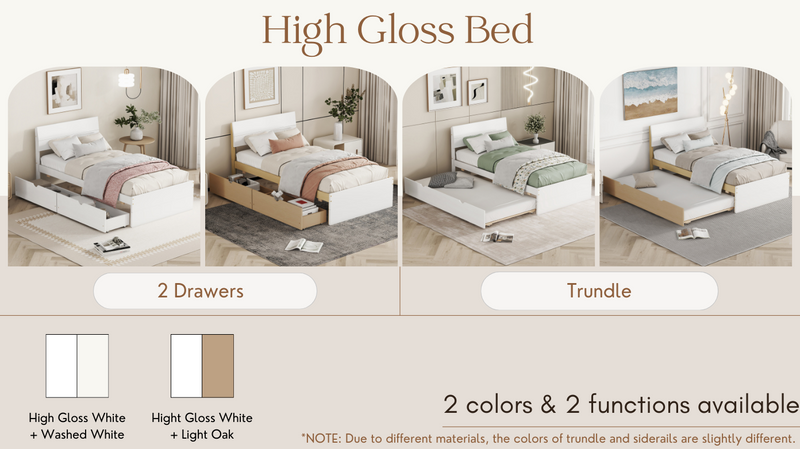 Modern Twin Bed Frame With Trundle For White High Gloss Headboard and Footboard With Light Oak Color