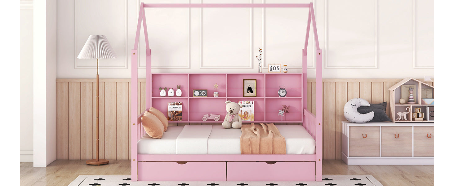 Wooden Full Size House Bed with 2 Drawers,Kids Bed with Storage Shelf, Pink - Atlantic Fine Furniture Melbourne FL