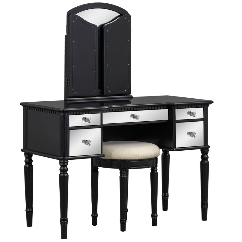 Dressing Table Set With Mirrored Drawers And Stool, Tri-Fold Mirror, Makeup Vanity Set For Bedroom