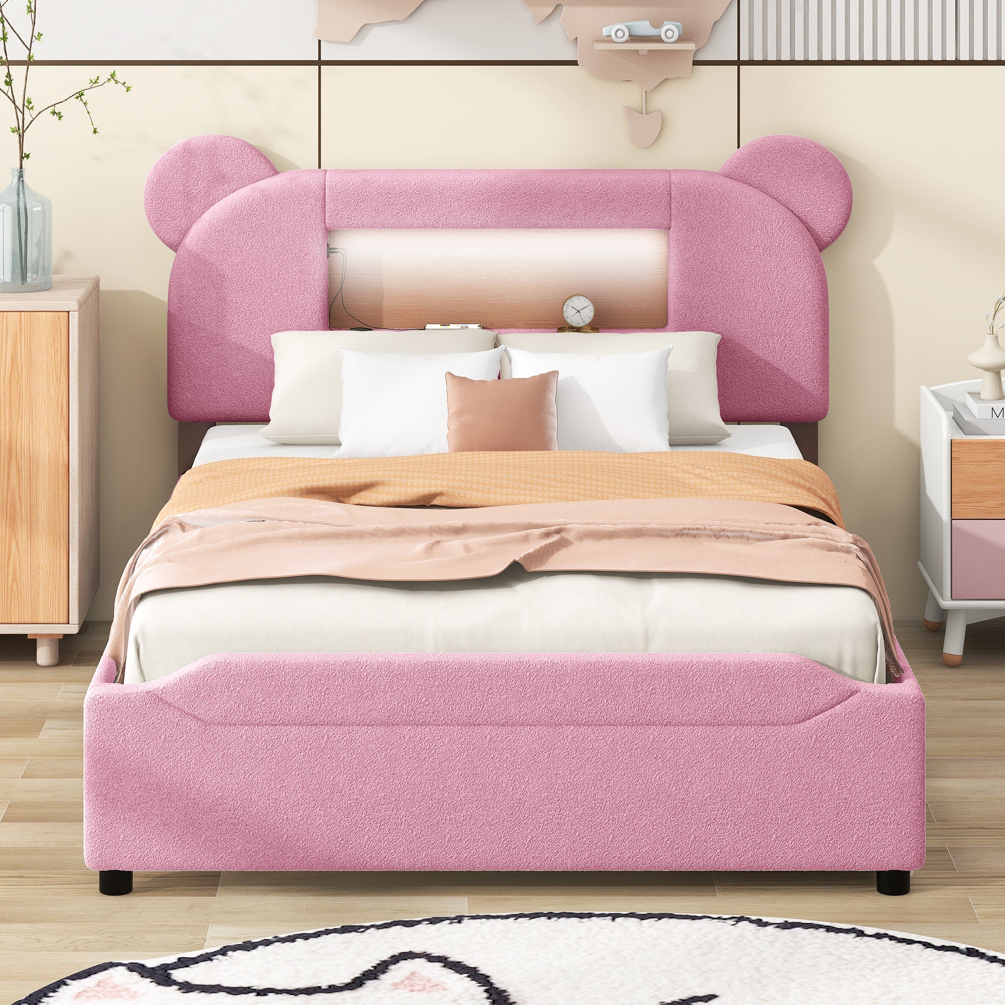 Full Size Upholstered Storage Platform Bed with Cartoon Ears Headboard, LED and USB, Pink - Atlantic Fine Furniture Melbourne FL