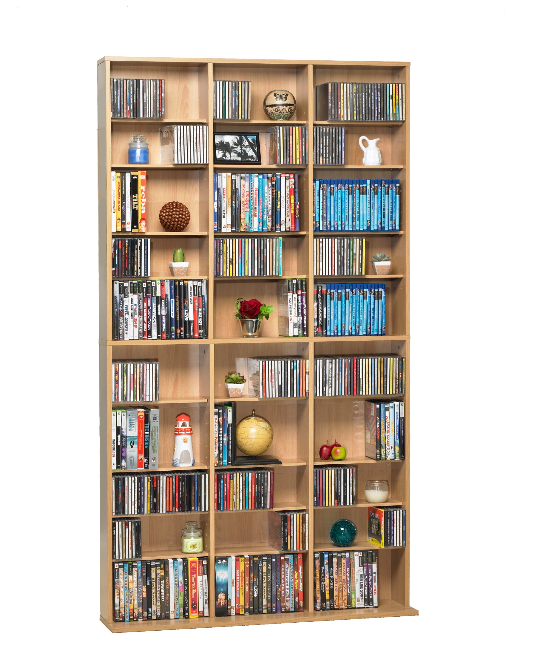 Media Shelving Unit, 6 Fixed Shelves, 30 Adjustable Shelves, Wide Base for Stability in Maple