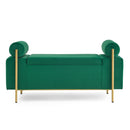 Elegant Upholstered Linen Storage Bench With Cylindrical Arms And Iron Legs, White