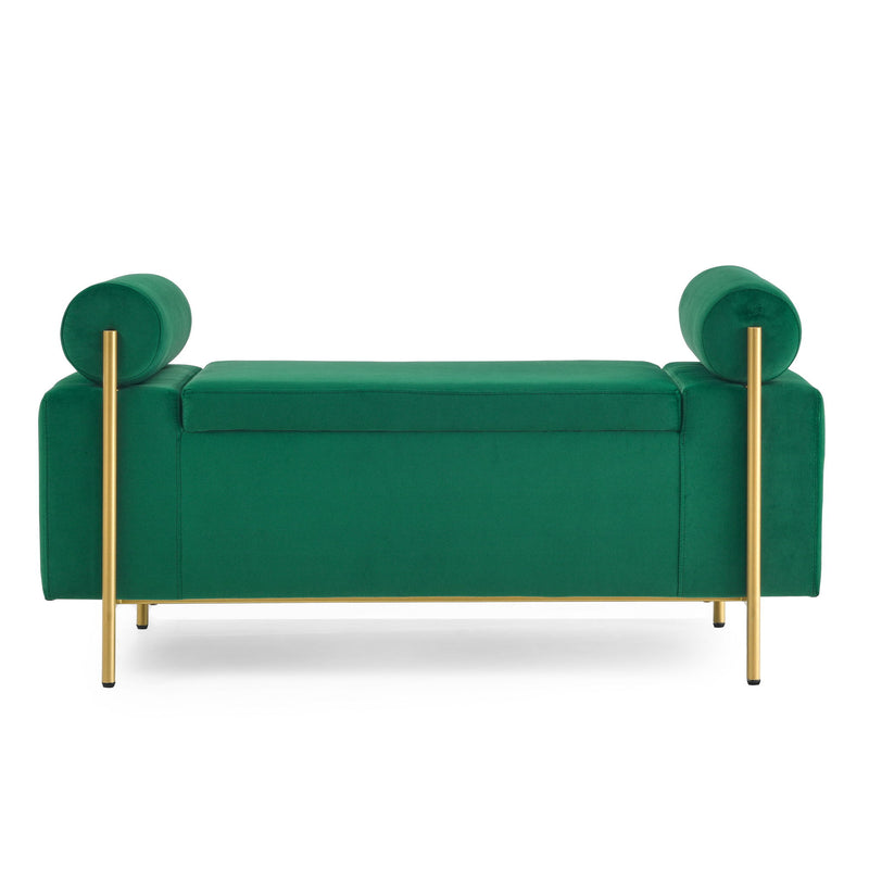 Elegant Upholstered Linen Storage Bench With Cylindrical Arms And Iron Legs, White
