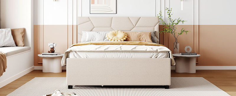 Full Size Upholstered Platform Bed With Brick Pattern Headboard, With Twin Size Trundle And 2 Drawers, Linen