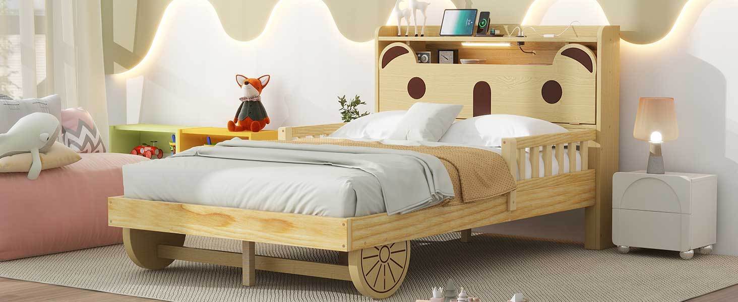 Full Size Car Bed with Bear-Shaped Headboard, USB and LED, Natural - Atlantic Fine Furniture Melbourne FL