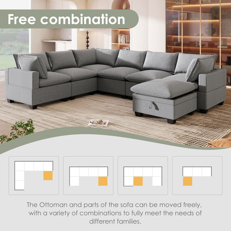 Modern U Shape Modular Sofa With Storage Ottoman, Luxury 7 Seat Sectional Couch Set With 2 Pillows Included, Freely Combinable Indoor Funiture For Living Room, Apartment - Gray