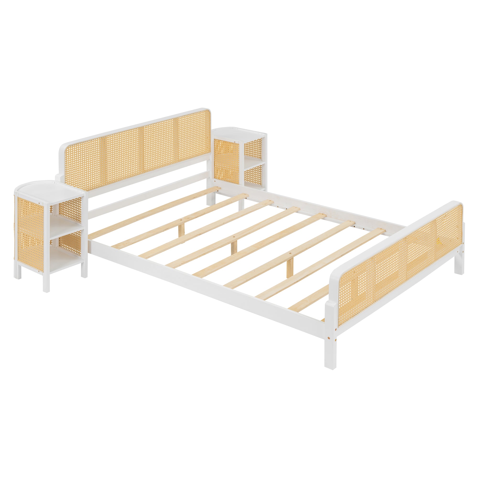 3 Pieces Rattan Platform Full Size Bed With 2 Nightstands,White - Atlantic Fine Furniture Melbourne FL