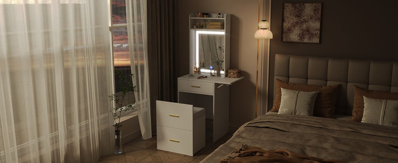 Small Vanity Desk With Mirror And Light, Dressing Table With Charging Station & Fold Up Panel For Small Space, Compact Makeup Vanity Set With Hidden Stool For Bedroom - White