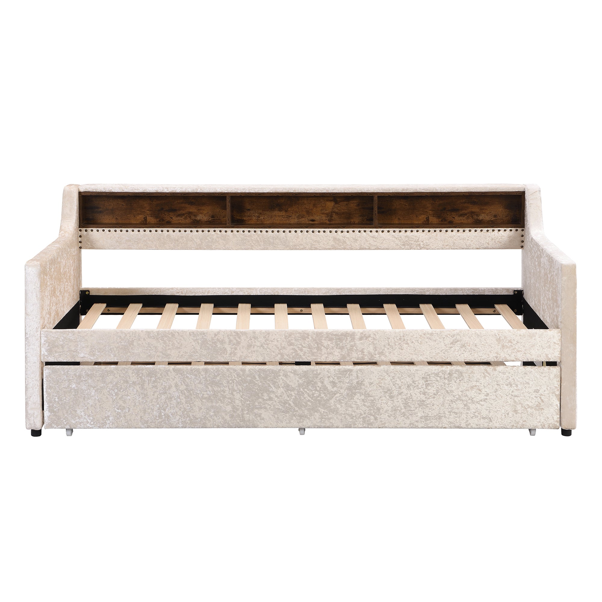Twin Size Snowflake Velvet Daybed with Trundle and Built-in Storage Shelves,Beige - Atlantic Fine Furniture Melbourne FL