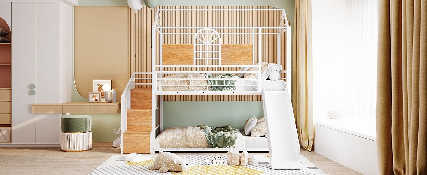 Twin Over Twin Metal Bunk Bed, Metal Housebed with Slide and Storage Stair, White with White Slide - Atlantic Fine Furniture Melbourne FL
