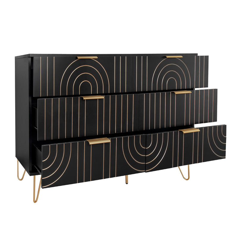 Modern 6 Drawer Dresser, Modern Dresser With Metal Handles, Storage Chest Of Drawer, Wide Dresser Drawer Organizers With Carving Design For Bedroom, Living Room, Hallway - Black