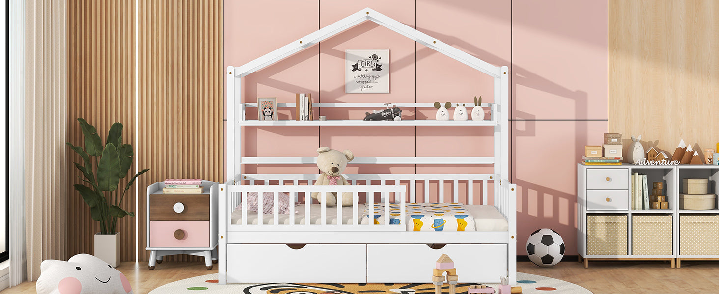 Wooden Twin Size House Bed with 2 Drawers,Kids Bed with Storage Shelf, White - Atlantic Fine Furniture Melbourne FL