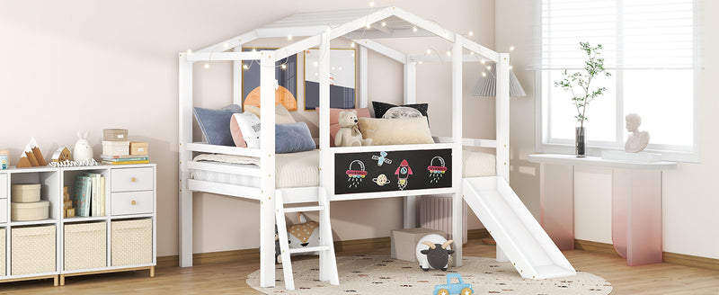 Twin Size Loft Bed with Ladder and Slide, House Bed with Blackboard and Light Strip on the Roof, White