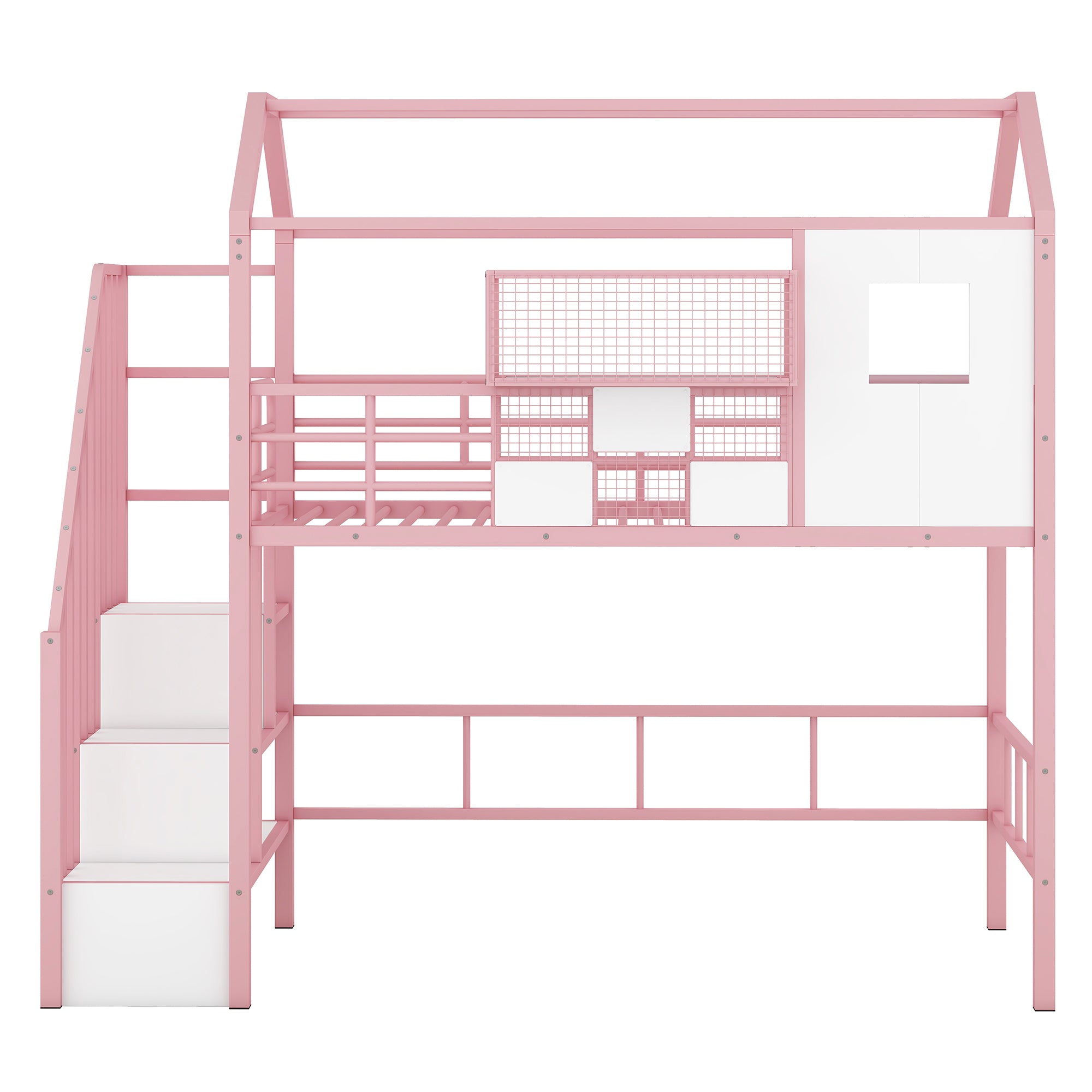 Metal Loft Bed with roof design and a storage box, Twin, Pink - Atlantic Fine Furniture Melbourne FL
