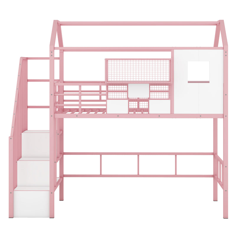 Metal Loft Bed with roof design and a storage box, Twin, Pink