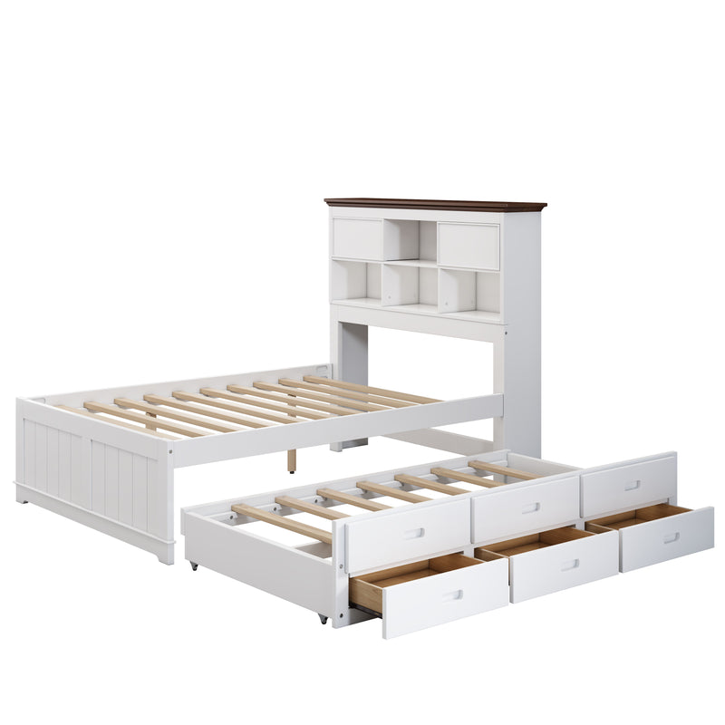 Full Solid Pine Captain Bookcase Bed With Trundle Bed And 3 Spacious Under Bed Drawers In Casual - White / Walnut