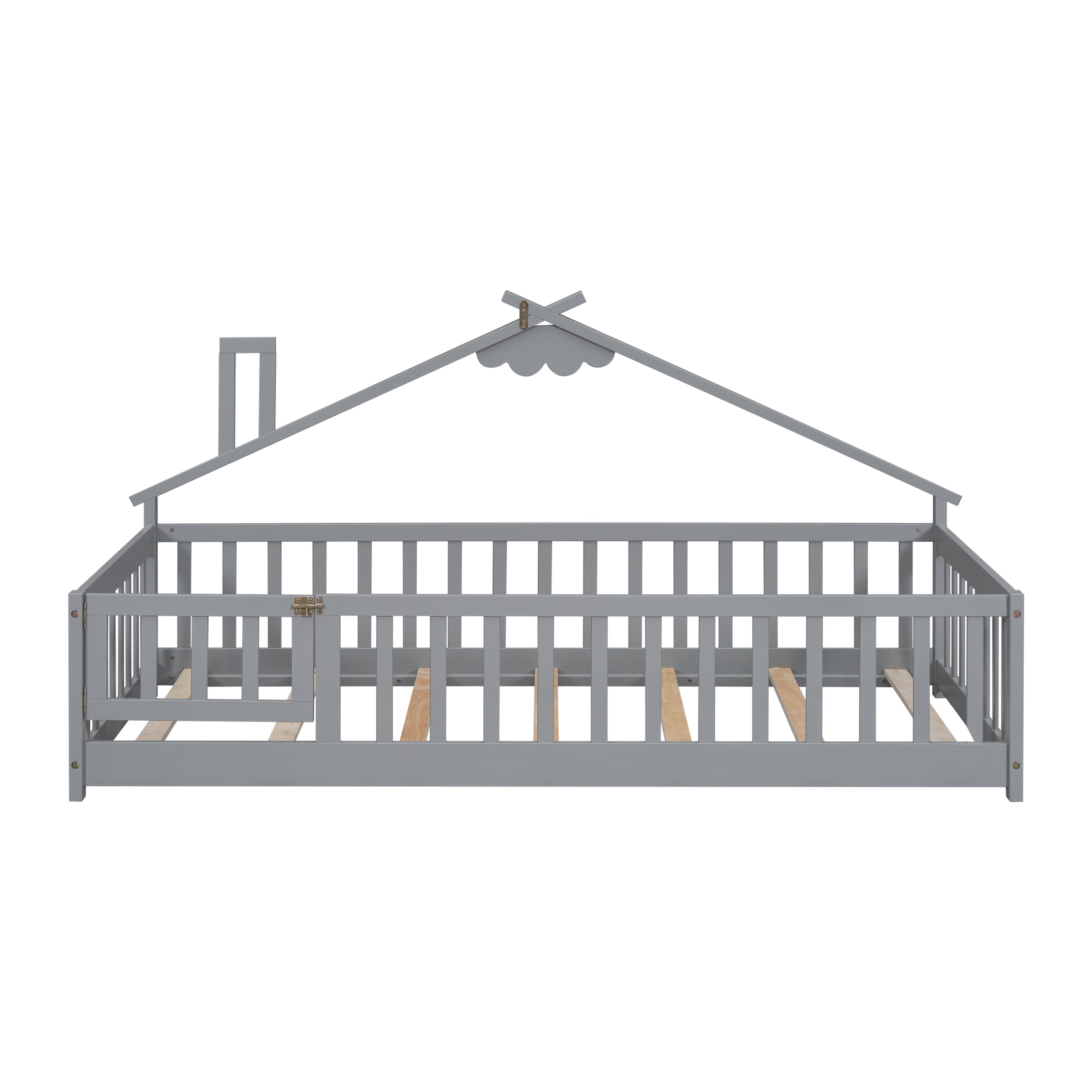 Twin House-Shaped Bedside Floor Bed with Guardrails, Slats, with Door,Grey