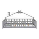 Twin House-Shaped Bedside Floor Bed with Guardrails, Slats, with Door,Grey