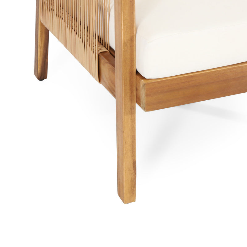 Acacia Wood And Wicker Outdoor Club Chair, Deep Seating With Soft Cushion, Porch Chairs For Garden, Backyard Porch Balcony - Brown / Beige