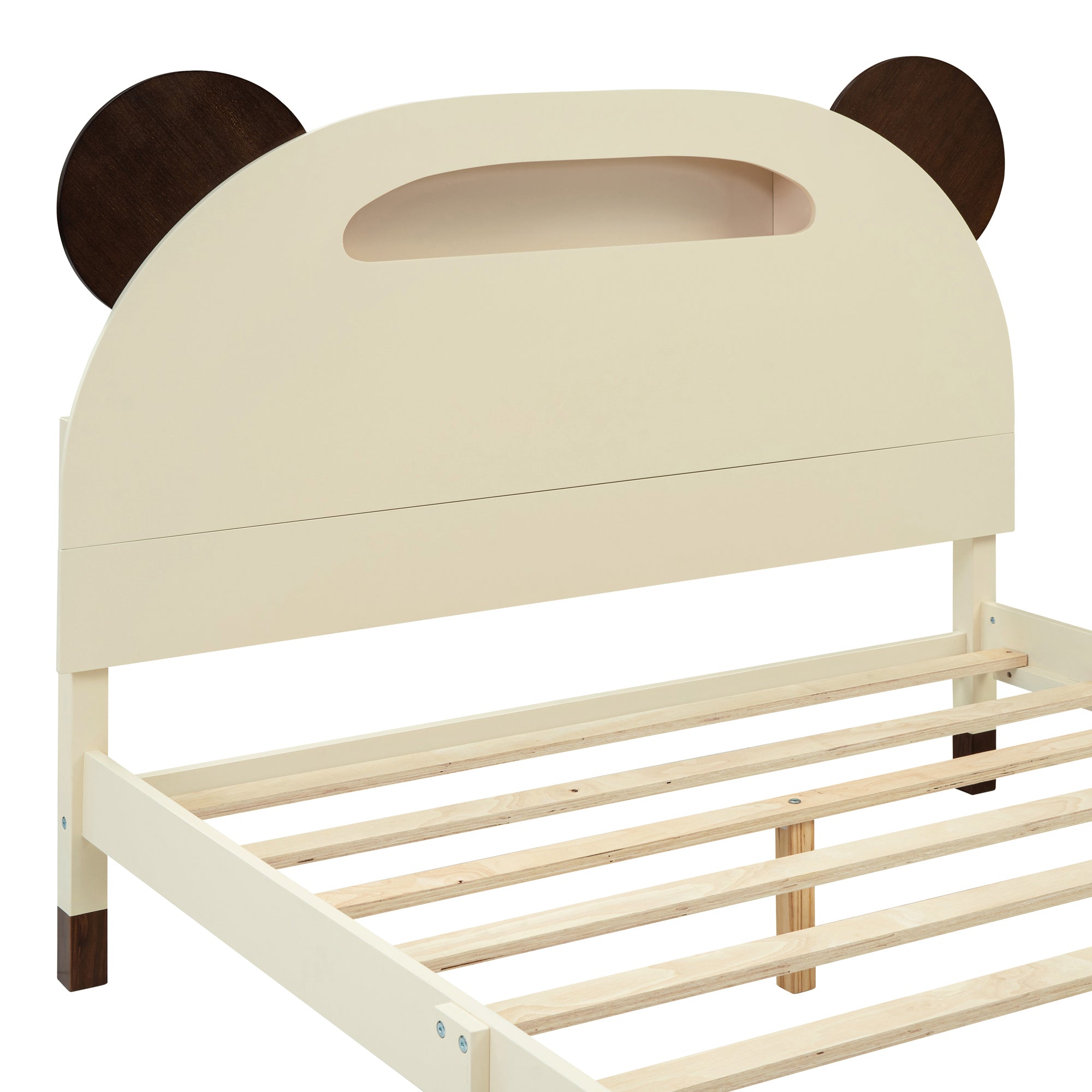 Full Size Wood Platform Bed with Bear-shaped Headboard,Bed with Motion Activated Night Lights,Cream+Walnut - Atlantic Fine Furniture Melbourne FL