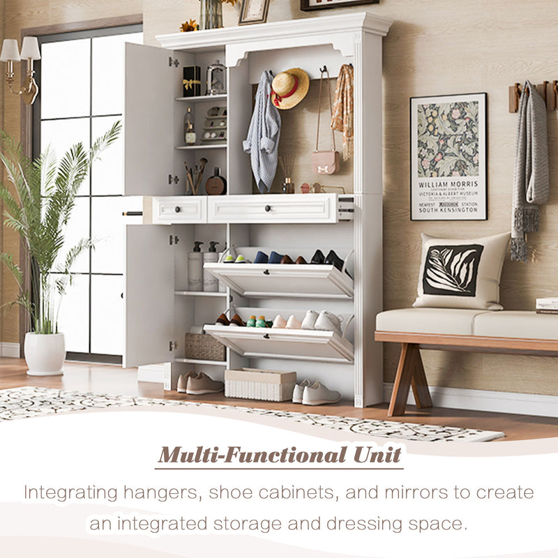 Hall Tree With Integrated Shoe Cabinet And Mirrored Cabinet Door, Coat Hanger, Entryway Bench, 4 In 1 Design, 2 Flip Drawers, 4 Hooks And 2 Cabinets For Entrance, Living Room - White