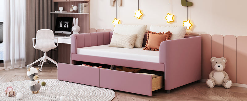 Twin Size Upholstered Daybed with Ergonomic Design Backrest and 2 Drawers, Pink