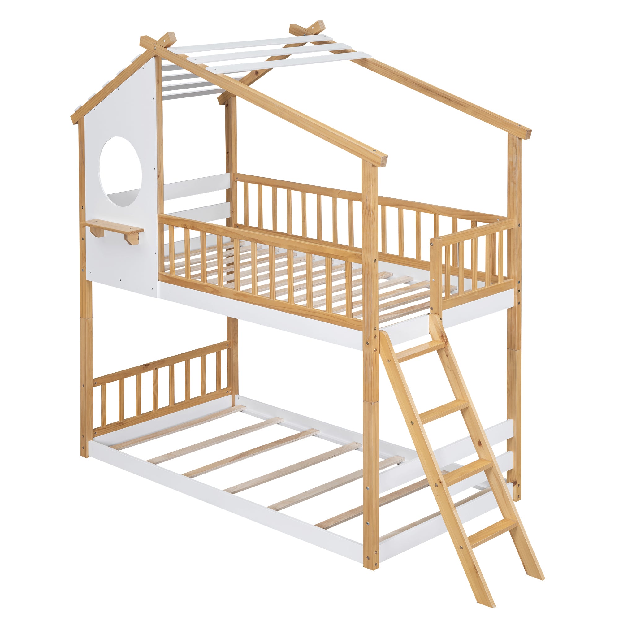 Twin Over Twin Bunk Bed Wood Bed with Roof, Window, Ladder,Natural(OLD SKU :LT100008AAD) - Atlantic Fine Furniture Melbourne FL