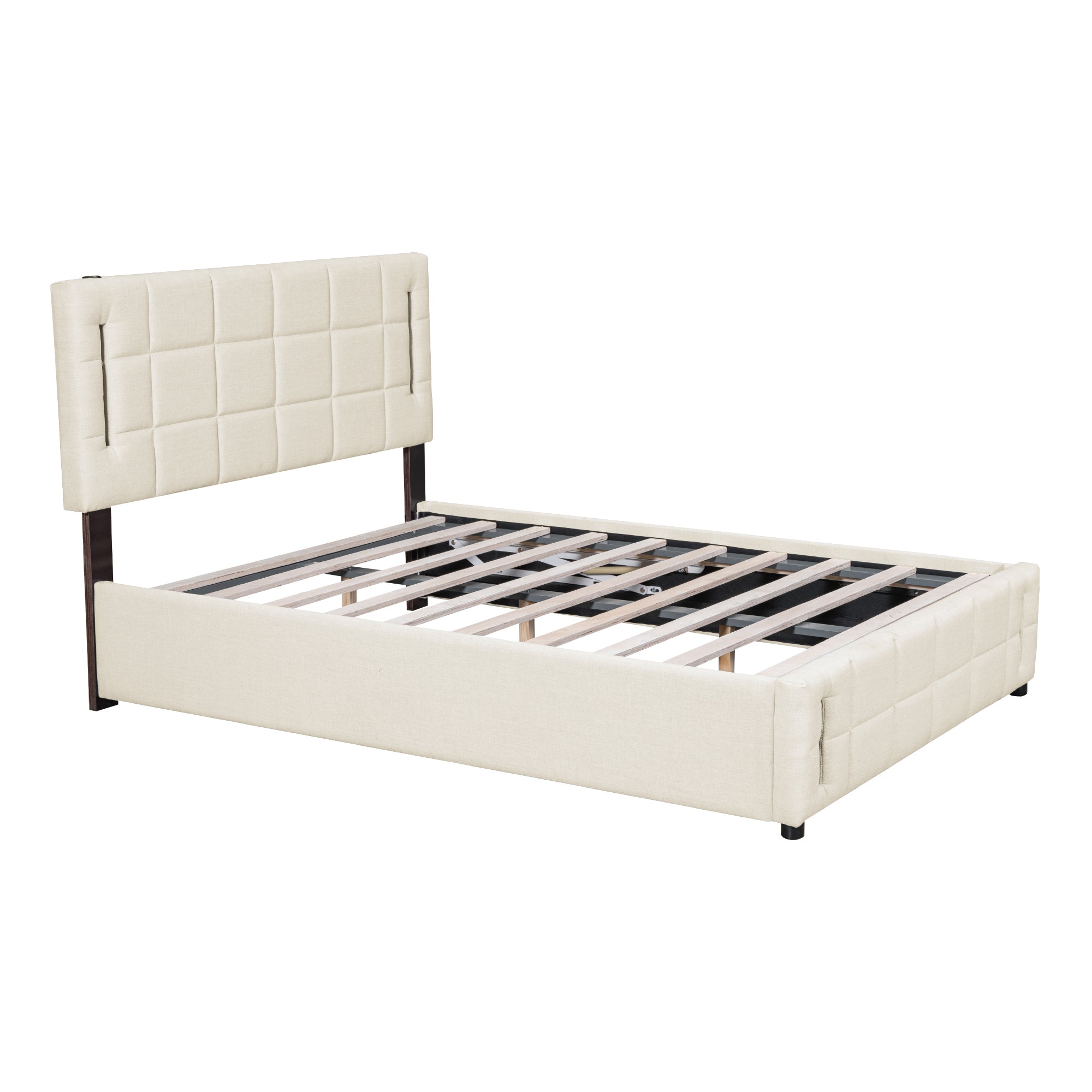 Full Size Upholstered Bed with Hydraulic Storage System and LED Light, Beige