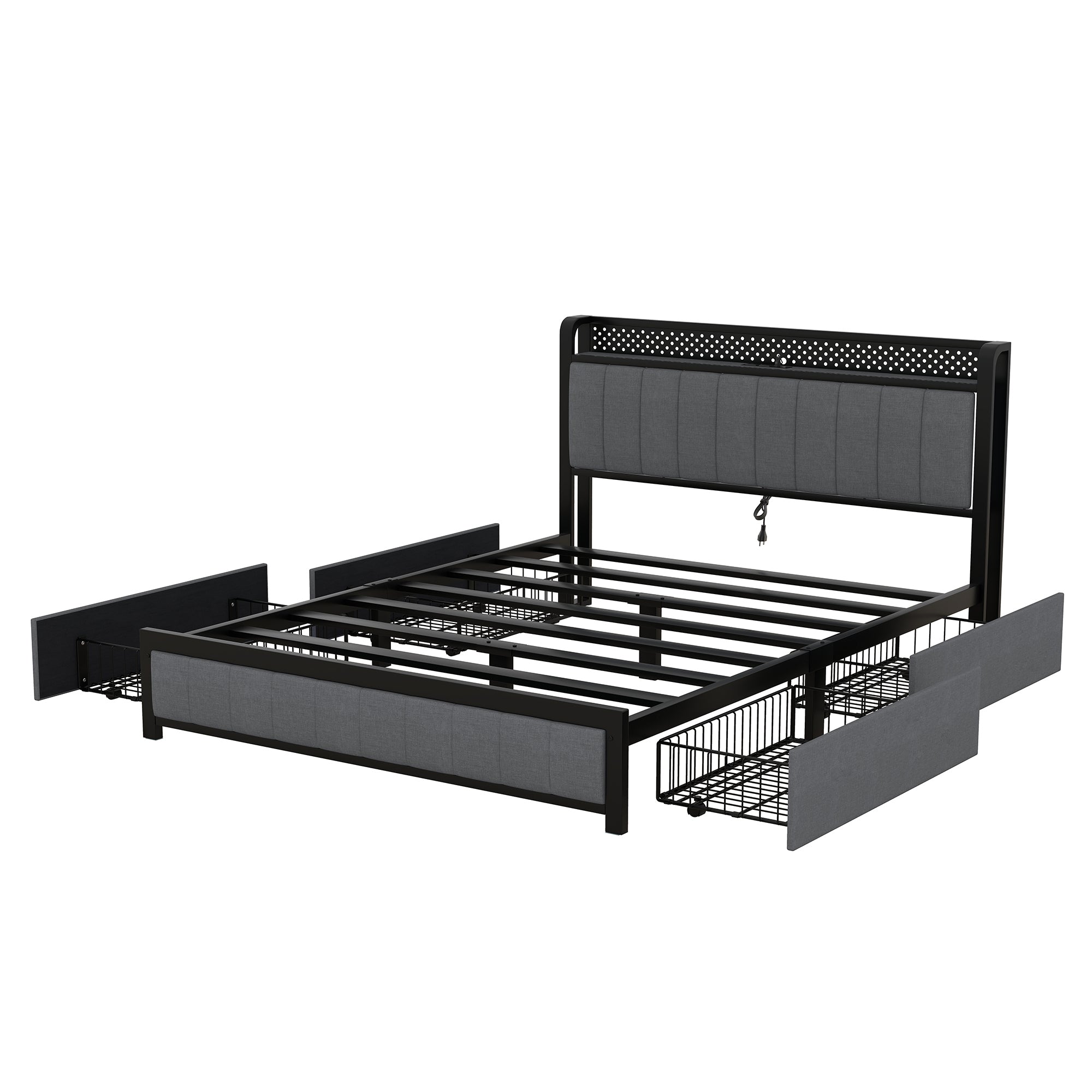 Queen Bed Frame with LED Headboard, Upholstered Bed with 4 Storage Drawers and USB Ports, Dark Grey - Atlantic Fine Furniture Melbourne FL