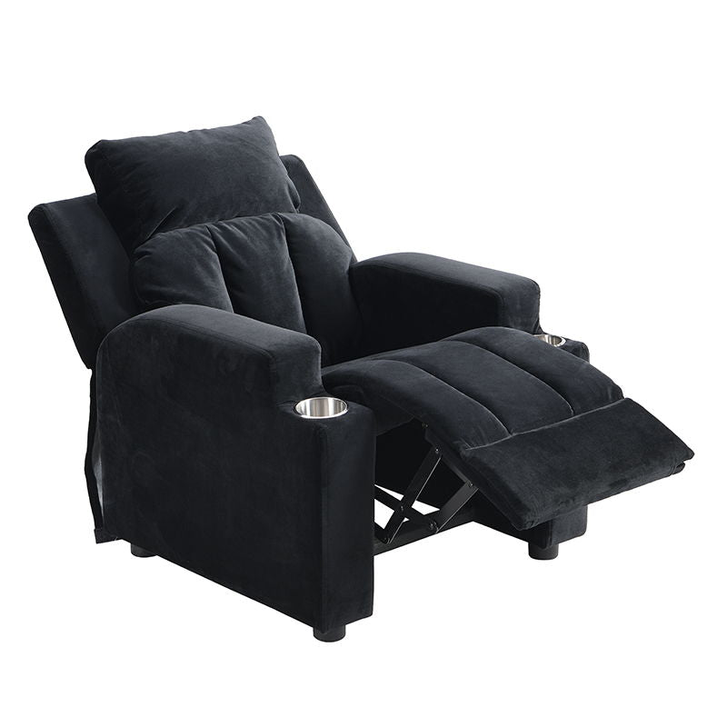 Kids Recliner Chair, Kids Upholstered Couch With One Cup Holder, Toddlers Recliner With Headrest And Footrest - Black