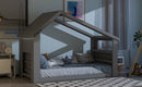 Twin House Floor Bed with Roof Window, LED Light,Grey