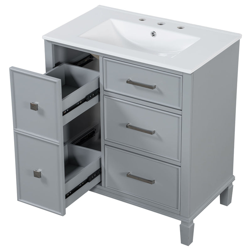 Bathroom Vanity With Ceramic Sink, Flip Out Drawer Design For Plumbing, Soft Close Drawers