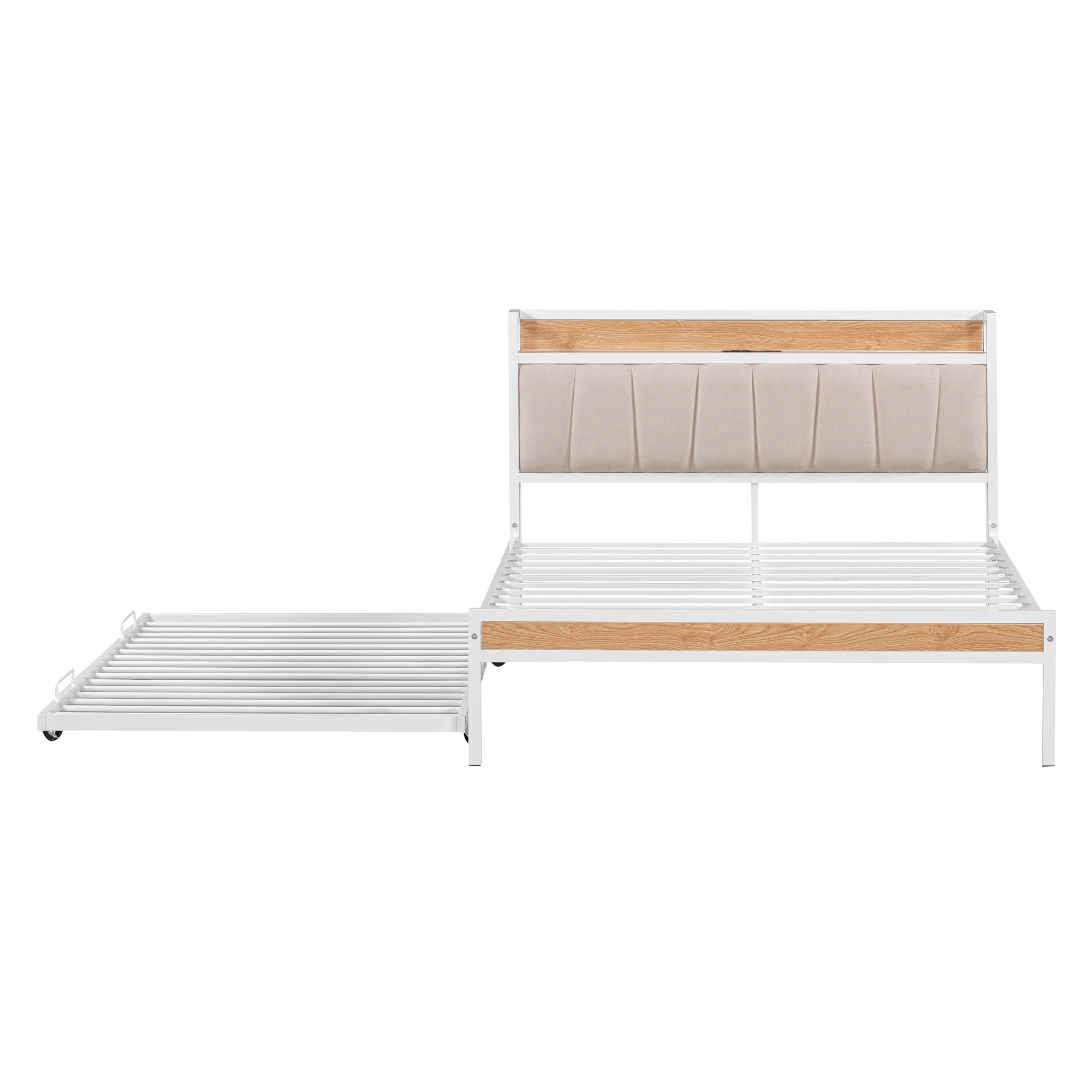 Full Size Metal Platform Bed Frame with Twin size trundle, Upholstered headboard, Sockets, USB Ports and Slat Support, No Box Spring Needed, White - Atlantic Fine Furniture Melbourne FL