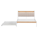 Full Size Metal Platform Bed Frame with Twin size trundle, Upholstered headboard, Sockets, USB Ports and Slat Support, No Box Spring Needed, White