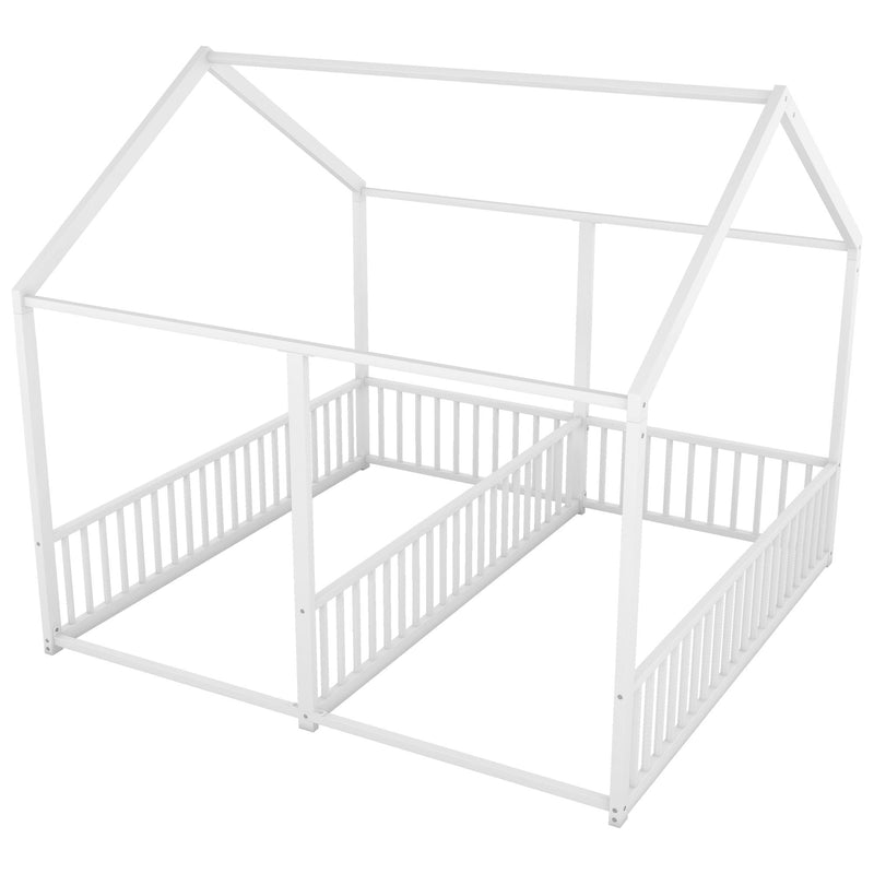 Metal Twin Size House Platform Beds 2 Shared Beds - Antique White