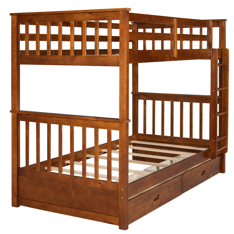 Twin-Over-Twin Bunk Bed with Ladders and Two Storage Drawers (Walnut)(OLD SKU:LT000265AAD)