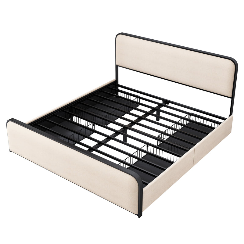 Modern Metal Bed Frame with Curved Upholstered Headboard and Footboard Bed with 4 Storage Drawers, Heavy Duty Metal Slats, King Size, Beige