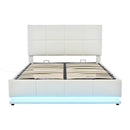 Tufted Upholstered Platform Bed with Hydraulic Storage System,Queen Size PU Storage Bed with LED Lights and USB charger, White