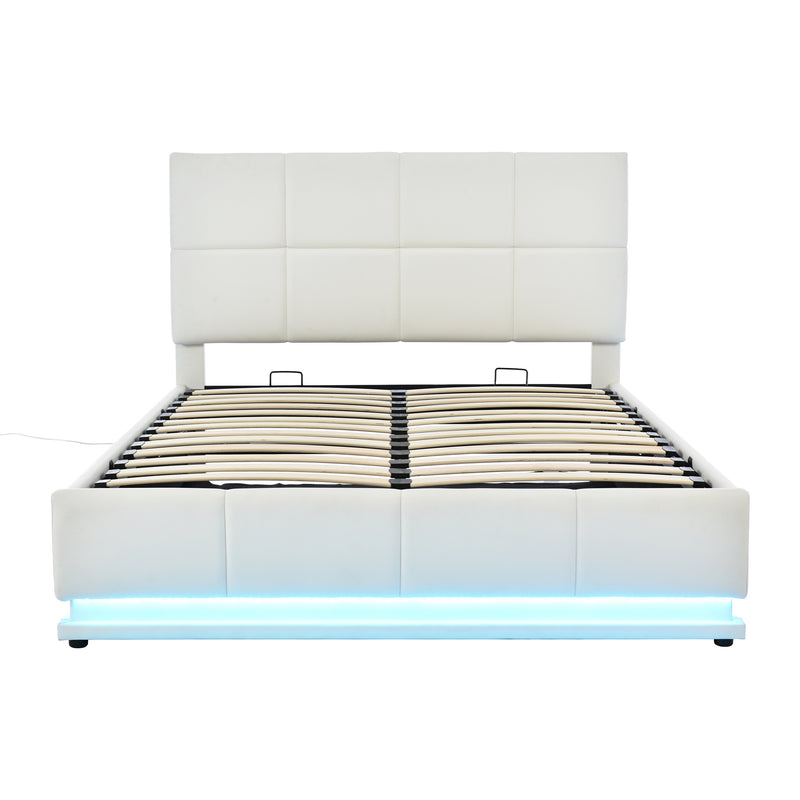 Tufted Upholstered Platform Bed with Hydraulic Storage System,Queen Size PU Storage Bed with LED Lights and USB charger, White