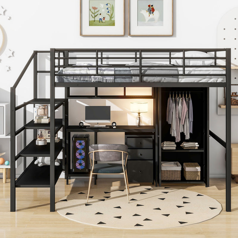 Full Size Loft Bed With Desk Set And Wardrobe - Black