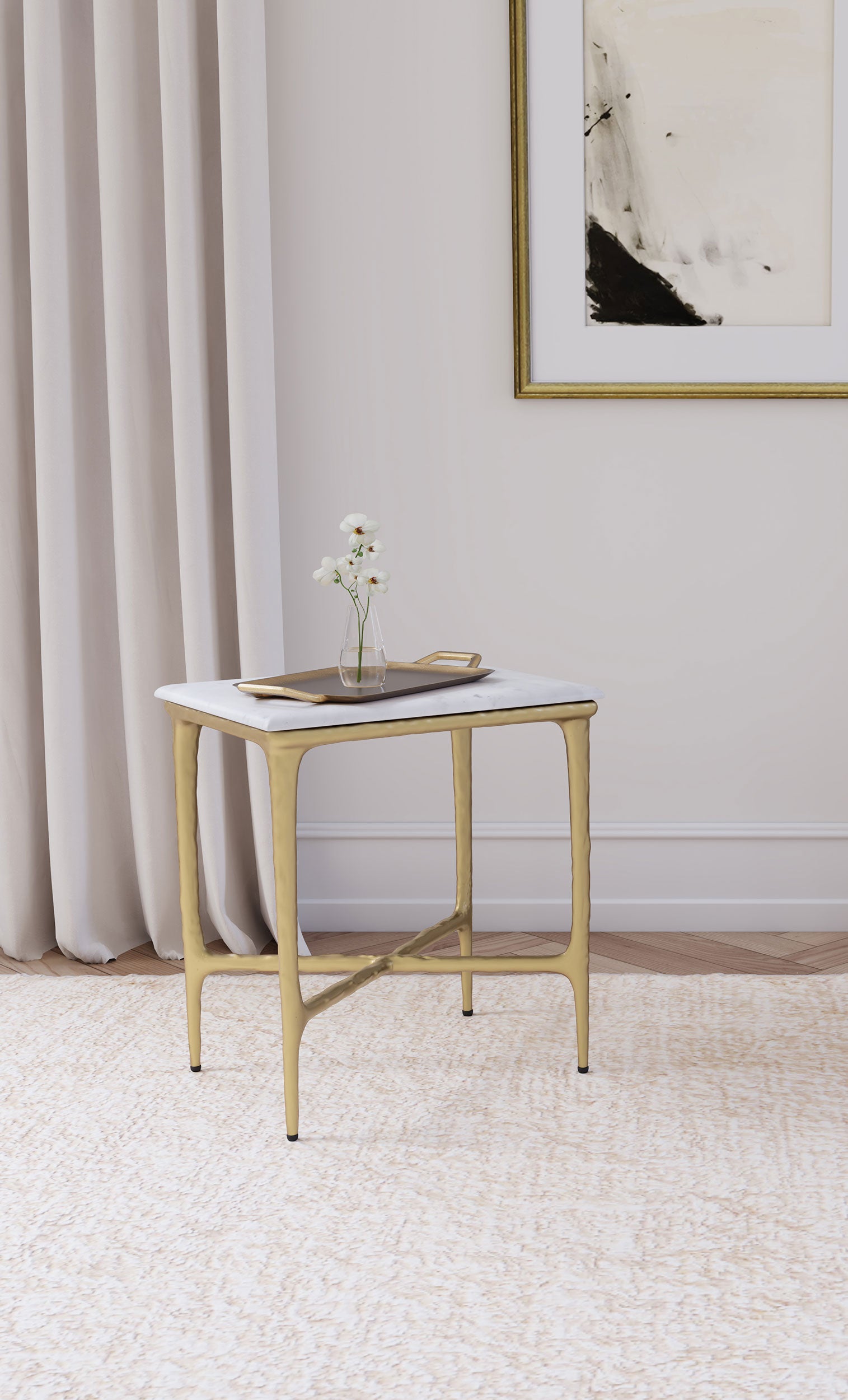 Baldwin Rectangular Marble Top Side Table White and Gold — view 2