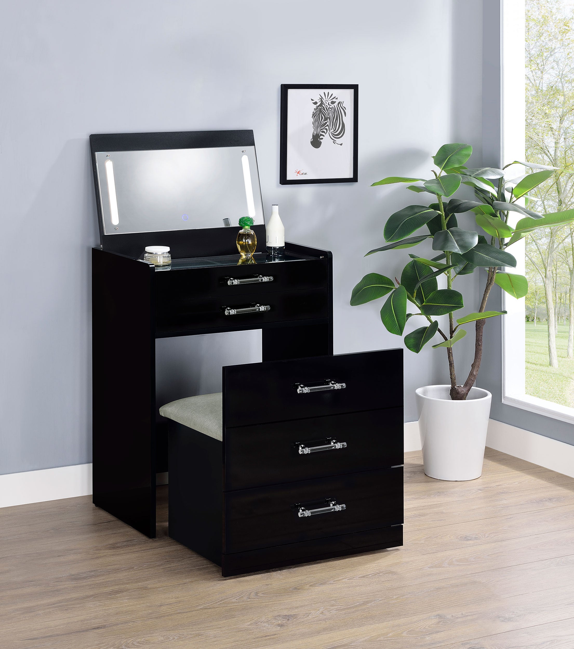 Danbury 3-drawer Makeup Vanity & Stool Set Black High Gloss — view 3